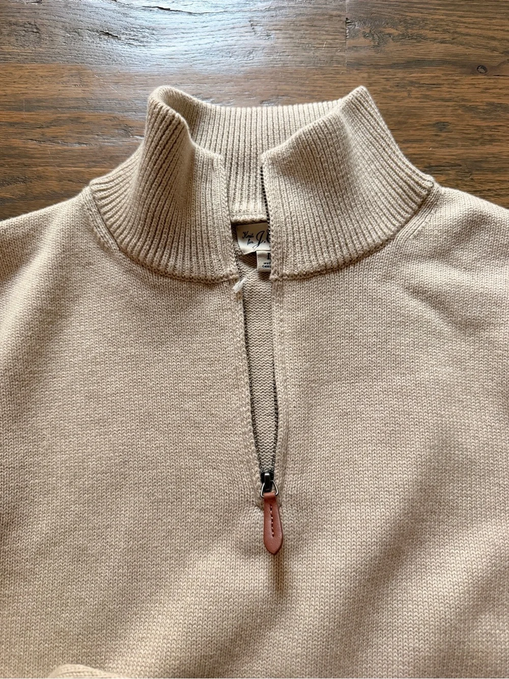 J. Crew Men's Beige Half-Zip Sweater with Leather Trim